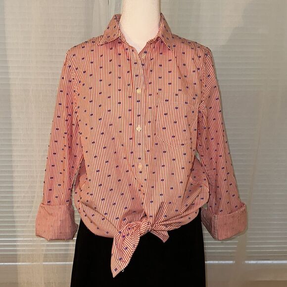 GAP M White Red Vertical Stripes Blue Swiss Dot Americana Fitted Boyfriend Shirt - Picture 1 of 14